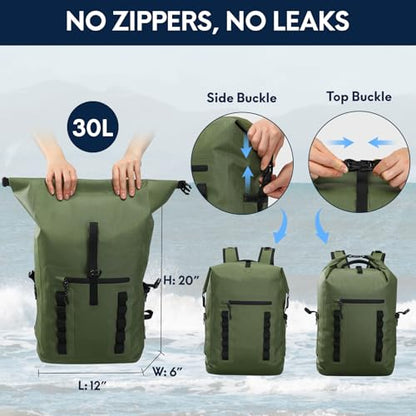 Haimont Waterproof Dry Backpack 30L TPU Lightweight Roll Top Dry Bag for Men Women, Beach, Kayaking, Travel, Hiking - color: Army Green