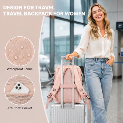 Travel Backpack for Women, PU Leather Carry On Backpack Flight Approved with Laptop Compartment, 40L Expandable Personal Item Travel Bag for Traveling Weekender Business (Pink) - color: Pink