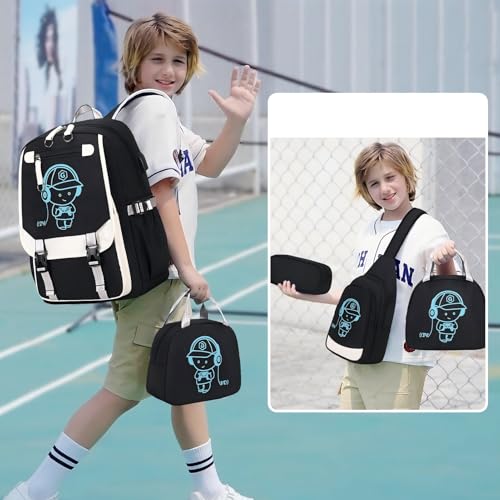 Bevalsa Backpack for Boys, Cool Luminous Boys Backpack with Sling Bag, Lunch Box & Pen Case, School Bags for Kids Children Teens Elementary Middle Schools, Bookbag Glow In The Dark (Black) - color: Black