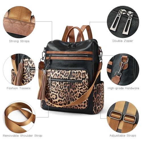 Shrrie Backpack Purse for Women Leather Backpack Fashion Designer Travel Backpack Convertible Shoulder Bag - color: 1-6 Black With Leopard