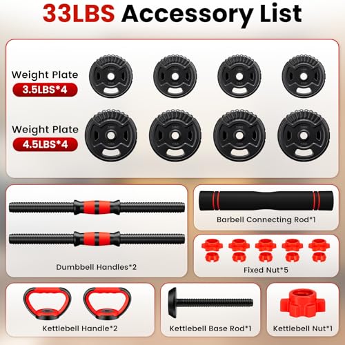 Adjustable Dumbbell Set, 22/33/45/70/90lbs Free Weight Set with Connector, 5-in-1 Dumbbell Set for Barbells, Kettlebells, Push up Stand, Weight Plate, Fitness Exercises for Home Gym Suitable Men/Women - color: 33LB (16.5LB Pair)