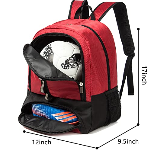 Youth Soccer Bag Outdoor Sport Backpack for Soccer, Basketball,Volleyball with Shoes and Ball Compartment. - color: Red