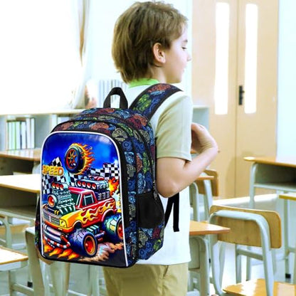 HPJGD 3PCS Truck Kids Backpack for Boys, Water Resistant Elementary Bookbag Set with Lunch Box, Cool School Bag for Preschool Toddler - Red Truck - color: Cool Uv Printed Bold Truck Red