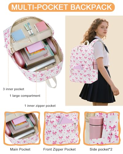 LOIDOU Backpack for Teen Girls Bookbags School Backpack with Lunch Box and Pencil Case 3 in 1 School Bags Set - color: Bow Tie Pink Beige