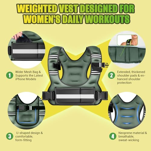 Adjustable Weighted Vest for Women, 6-12lb U-Shaped Weight Vest with 6 Iron Sand Bags & Adjustable Buckle Straps, Rucking Vest with Plus Pockets for Running, Walking and Strength Training - color: Green