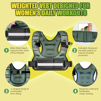 Adjustable Weighted Vest for Women, 6-12lb U-Shaped Weight Vest with 6 Iron Sand Bags & Adjustable Buckle Straps, Rucking Vest with Plus Pockets for Running, Walking and Strength Training - color: Green