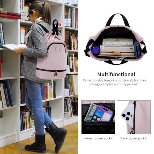 Kamo Drawstring Backpack Bag - Sport Swimming Yoga Backpack with Shoe Compartment, Two Water Bottle Holder for Men Women Large String Backpack Athletic Sackpack for Travel - color: Pale Pink
