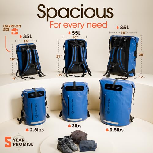 Earth Pak Waterproof Backpack - Heavy Duty Hiking Backpack - Roll-Top Closure Bag - Cushioned Dry Bag Waterproof Phone Case - color: Blue, size: 35L