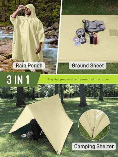 SaphiRose Extra Thick Hooded Rain Poncho Double Layer Waterproof Raincoat Jacket for Men Women Adults - color: Beige