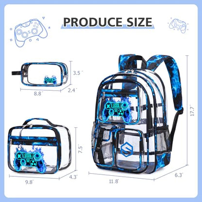 DIGOBAY 3PCS Cool Luminous Clear Backpack for Boys Kids, Gamer Clear Bookbag for School, See Through PVC Transparent Backpacks with Lunch Bag Pencil Case, Backpack Heavy Duty for School Stadium - color: Blue Flame