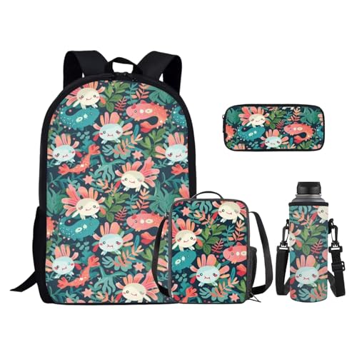 Cute Axolotl Leaves Backpack Set with Lunch Bag Pencil Case Water Bottle Holder Fashion Backpack for Kids Trendy Bookbag for Girls Elementary Middle School Student Schoolbag Set - color: Cute Axolotl Leaves