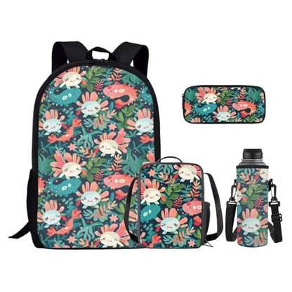Cute Axolotl Leaves Backpack Set with Lunch Bag Pencil Case Water Bottle Holder Fashion Backpack for Kids Trendy Bookbag for Girls Elementary Middle School Student Schoolbag Set - color: Cute Axolotl Leaves