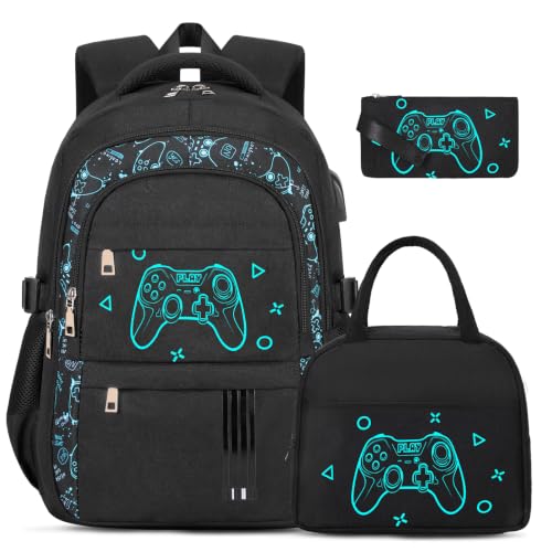 ACESAK Boys Backpack - 3PCS Cool Luminous Backpack for Boys School Backpacks for Kids Kindergarten Elementary Preschool Middle School Bags with Lunch Box Pencil Case Set (Black Game Console) - color: Black Game Console