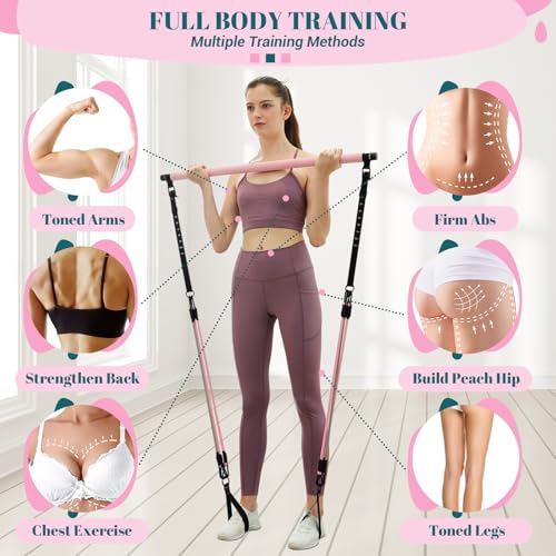 COFOF Pilates Bar Kit with Resistance Bands, Multifunctional Yoga Pilates Bar with Heavy-Duty Metal Adjustment Buckle, Portable Home Gym Pilates Resistance Bar Kit for Women Full Body Workouts - color: Pink