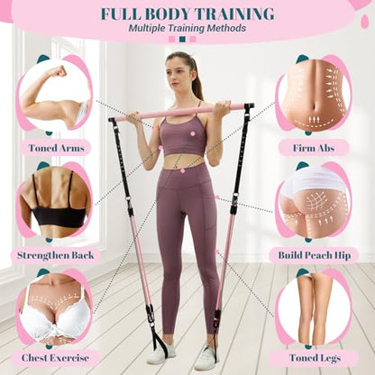 COFOF Pilates Bar Kit with Resistance Bands, Multifunctional Yoga Pilates Bar with Heavy-Duty Metal Adjustment Buckle, Portable Home Gym Pilates Resistance Bar Kit for Women Full Body Workouts - color: Pink