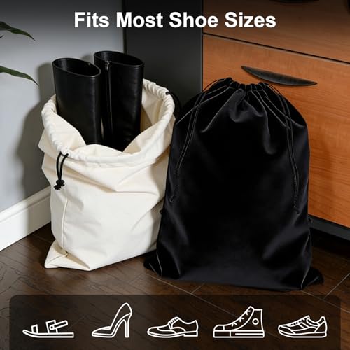 Shoe Bags for Travel, 4 Pack Travel Shoe Bag Organizer, Large Flannel Shoe Bags with Drawstring for Boots, Heels, Handbags & Packing, Washable Reusable Shoe Pouches, Black & Beige