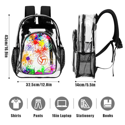 Volleyball Clear Backpack Heavy Duty for Girls Kids Boys Women | Large Cool PVC Volleyball Theme Printing Transparent Backpacks for Schools Stadium Concerts Work - Clear/Black - color: Volleyball Clear Backpack 1 Black With Front Pocket