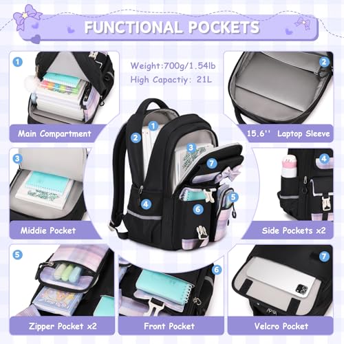 Girls Backpack, Kids Backpack for Girls School Bags with Pen Case, Bow Plaid Book Bag for Elementary Middle Primary High School College, Black-2pcs - color: Black