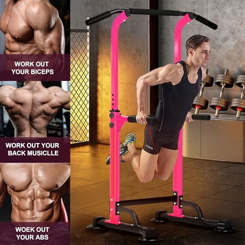DlandHome Power Tower Pull Up Dip Station Multi-Function Fitness Equipment for Strength Training Adjustable Height Dip Stand for Home Gym - color: Pink