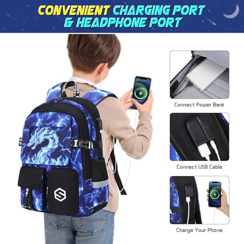 Scothen Boys Backpack, Cool Luminous School Backpacks for Boys with Lunch Bag Pencil Case, Kids Backpack Kindergarten Elementary Middle School Book Bags for Teen Boy Children with USB Charging Port - color: Blue Dragon