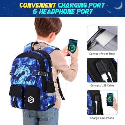 Scothen Boys Backpack, Cool Luminous School Backpacks for Boys with Lunch Bag Pencil Case, Kids Backpack Kindergarten Elementary Middle School Book Bags for Teen Boy Children with USB Charging Port - color: Blue Dragon
