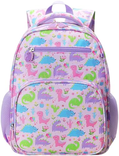 RHCPFOVR Kids Backpack for Girls - Girls Backpack 3-8 Ages Dinosaur for Kids 15 Inch School Bookbag for Kindergarten Elementary School Bookbag for Girl 1st 2nd Grade - style: Purple Dinosaur