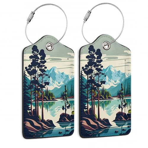 Luggage Tags for Suitcase,2 Pack Mountain Lake Forest Luggage Tag PU Leather Privacy Cover ID Label with Stainless Steel Loop for Women Men Teens Travel - color: Mountain Lake Trees Scenery