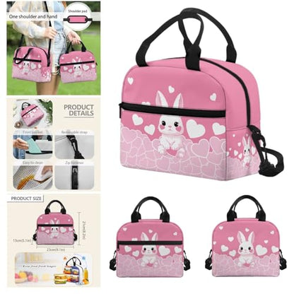 Cute Bunny Backpack for Girls Kids Backpack with Lunch Box Water Bottle Bag and Fabric Pencil Pouch 4Pcs Set 17" Bookbag with Large Front Pocket for School Lightweight Elementary School Bag - color: Cute Bunny and Pink Heart