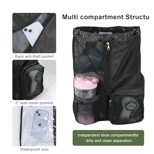 Mesh Backpack,Mesh Swim Drawstring Backpacks with Wet/Dry for Beach,Swimming,Gym,Pool,Workout Gear and Sports, Black