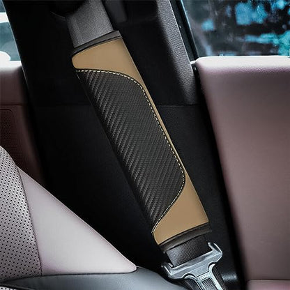 AUCELI 2PCS Car Seat Belt Cover, Carbon Fiber Seatbelt Shoulder Strap Covers, Breathable Leather Soft Harness Pad Protect Your Neck and Shoulder Compatible with Cars - color: Black/Beige