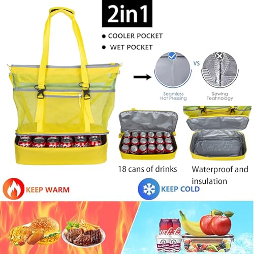 Mesh Beach Bag with Cooler Large Travel Family Vacation Essentials Pool Swimming Zipper Pocket Durable 9 Pockets - color: Yellow-green