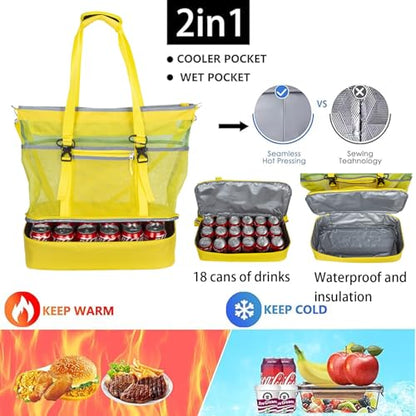 Mesh Beach Bag with Cooler Large Travel Family Vacation Essentials Pool Swimming Zipper Pocket Durable 9 Pockets - color: Yellow-green