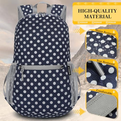ZOMAKE Ultra Lightweight Hiking Backpack 20L, Packable Small Backpacks Water Resistant Daypack for Women Men(Blue, White Polka Dot) - color: Blue, White Polka Dot