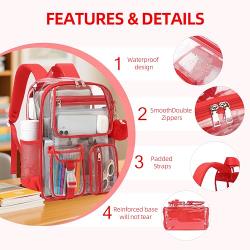 Clear Backpacks for Girls Women, Heavy Duty PVC Transparent School Bookbag See Through Back Pack for College Work Travel (Red) - color: Red