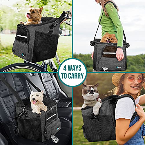 PetAmi Dog Bike Basket, Soft-Sided Ventilated Dog Bike Carrier Backpack, Pet Bicycle Basket for Bike Handlebar, Small Medium Puppy Cat Kitten Car Booster Seat with Safety Strap, Max 18 lbs, Dark Gray - color: Dark Gray