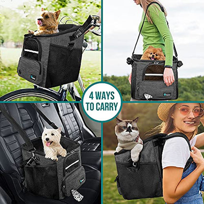 PetAmi Dog Bike Basket, Soft-Sided Ventilated Dog Bike Carrier Backpack, Pet Bicycle Basket for Bike Handlebar, Small Medium Puppy Cat Kitten Car Booster Seat with Safety Strap, Max 18 lbs, Dark Gray - color: Dark Gray