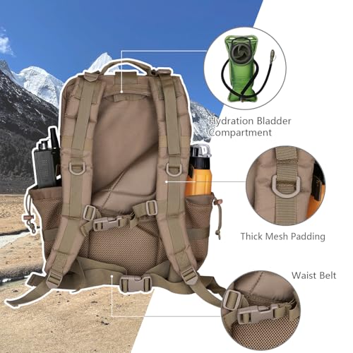 Hannibal Tactical 45L MOLLE Assault Backpack, Tactical Backpack Military Army Camping Rucksack with Bottle Holder, 3-Day Pack Trip w/USA Flag Patch, D-Rings, Khaki - color: Khaki, size: 45L