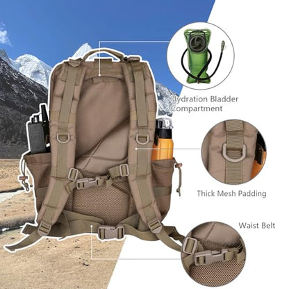 Hannibal Tactical 45L MOLLE Assault Backpack, Tactical Backpack Military Army Camping Rucksack with Bottle Holder, 3-Day Pack Trip w/USA Flag Patch, D-Rings, Khaki - color: Khaki, size: 45L