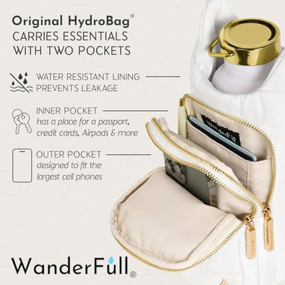 WanderFull® Original HydroBag®, Fits Up to 32 oz Water Bottle Holder with Strap, Gift for Women, Hands-Free Crossbody, Water Bottle Carrier Bag with Phone Pocket - color: Oatmeal Canvas