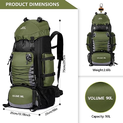 90L Hiking Backpack, Waterproof Camping Bag with Rain Cover, Lightweight Backpacking Back Pack - color: Army Green
