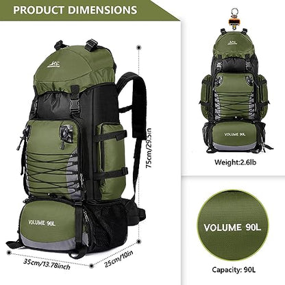 90L Hiking Backpack, Waterproof Camping Bag with Rain Cover, Lightweight Backpacking Back Pack - color: Army Green