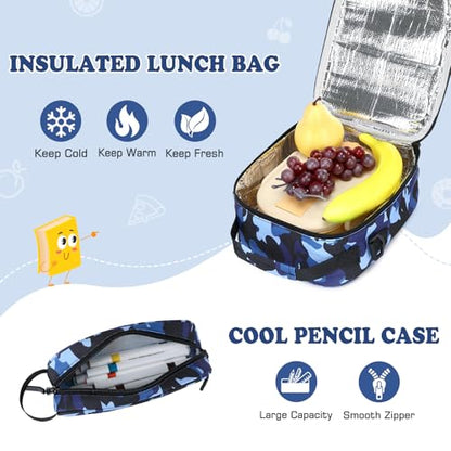Camo Backpack for Boys, Tactical Boys Backpack with Lunch Box Pencil Case, Kids Backpacks with USB Charging Port, Military Army School Bookbag for Teen Boy Elementary Middle High School Camp - color: Black-blue