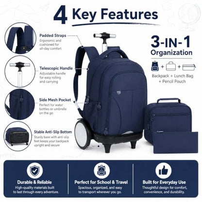 AGSDON Quiet Glide Rolling Backpack with Lunch Box Set - Large Wheel Water-Resistant Wheeled Bag for Business, Travel, and College | Navy Blue 3-in-1 Organizer Backpack - color: Reflective Blue - Rolling Backpack