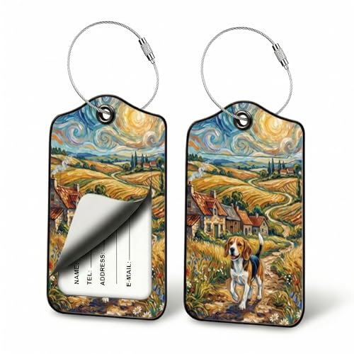 Beagle Dog Luggage Tags for Suitcases, 2 Pack PU Leather Travel Bag Tags | Privacy flap hides address card, steel wire loop fits day packs, snack totes, trail bags, pet-care bags and family day trips - color: Beagle