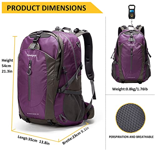SPEEDPARK Hiking Backpack 40L Waterproof Hiking Daypack with Rain Cover, Outdoor Trekking Travel Backpacks for Men Women - color: Purple