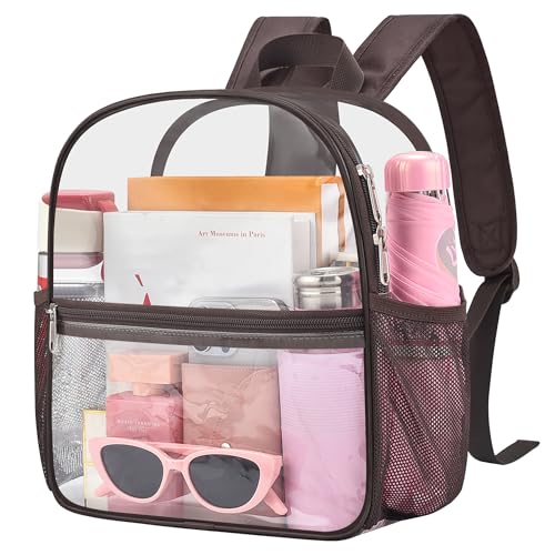 Oraben Clear Backpack Stadium Approved, 12 x 6 x 11 in, Small Transparent Backpack Clear Bag for Concerts, Sports Events, Festivals, Travel, Waterproof PVC, Adjustable Straps - color: Chocolate, style: Enhanced Strap
