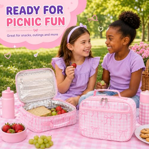 LEDAOU Lunch Box Kids Insulated Lunch Bag Girls Boys Toddler Reusable Lunchbox for School Picnic Hiking (Checkered-Pink Bow) - color: Checkered-Pink Bow
