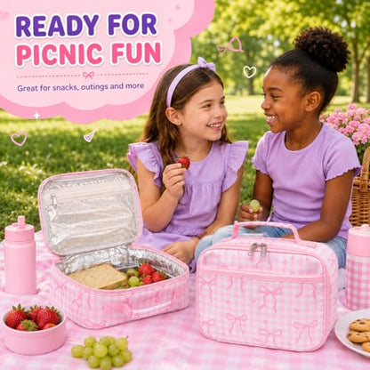 LEDAOU Lunch Box Kids Insulated Lunch Bag Girls Boys Toddler Reusable Lunchbox for School Picnic Hiking (Checkered-Pink Bow) - color: Checkered-Pink Bow