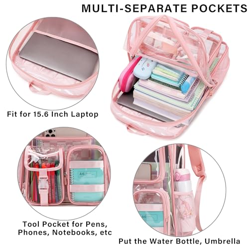 LXYGD Clear Backpack for School Stadium Approved Transparent Heavy Duty See Through College Bookbag Travel Work Daypack Security for Teens Girls Women Students (Pink) - color: Pink