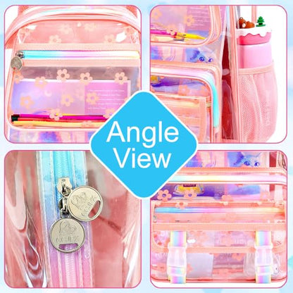 KLFVB Clear School Backpack Heavy Duty, 3PCS Girls See Through Bag Set, Cute Transparent Bookbag for Women - Plum Blossom Pink - color: Plum Blossom Pink Clear Backpack